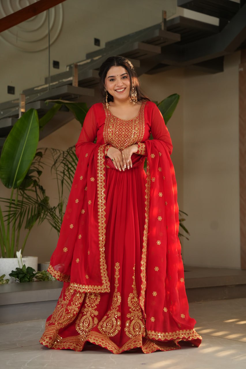 Awesome Sequins Work Georgette Party Wear Gown With Dupatta - Red
