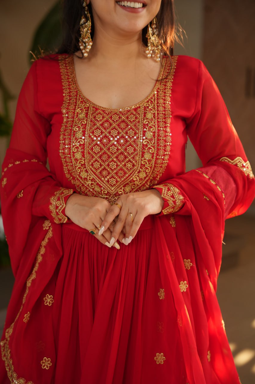 Awesome Sequins Work Georgette Party Wear Gown With Dupatta - Red
