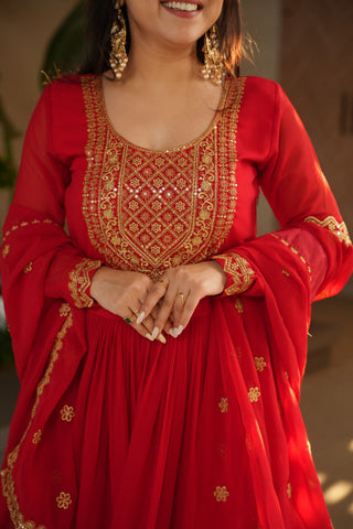 Awesome Sequins Work Georgette Party Wear Gown With Dupatta - Red
