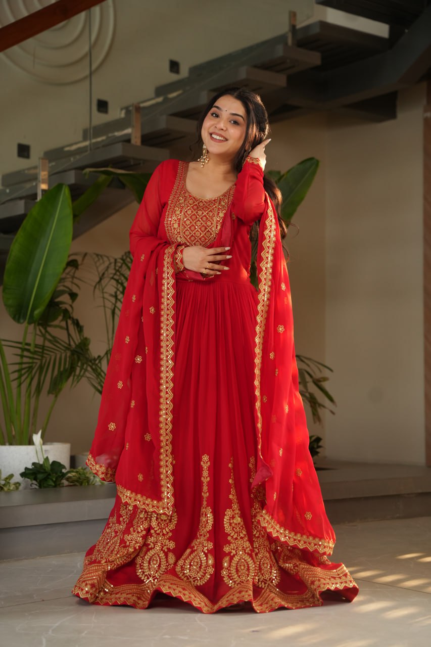 Awesome Sequins Work Georgette Party Wear Gown With Dupatta - Red
