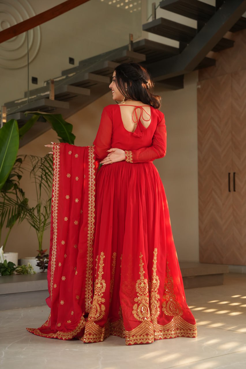 Awesome Sequins Work Georgette Party Wear Gown With Dupatta - Red

