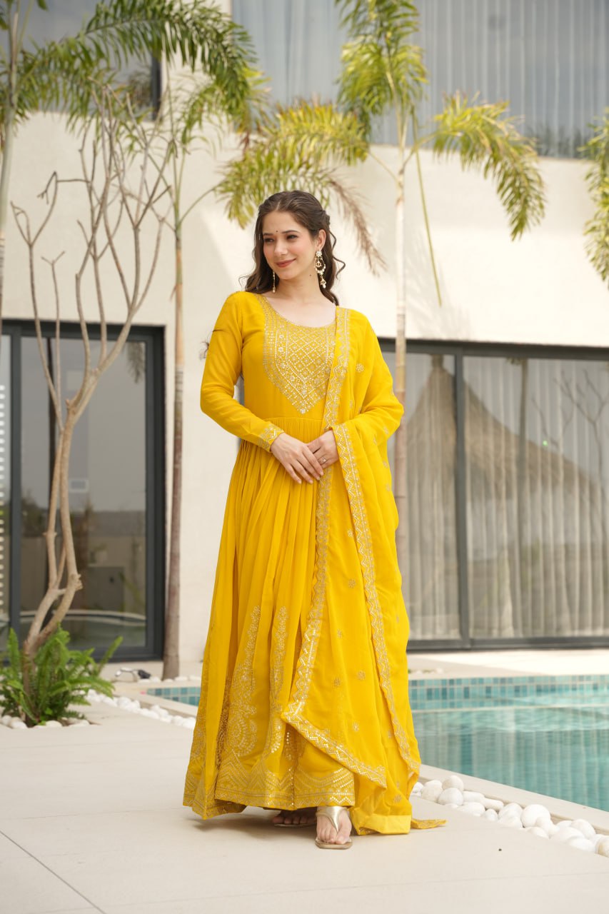 Awesome Sequins Work Georgette Party Wear Gown With Dupatta - Yellow
