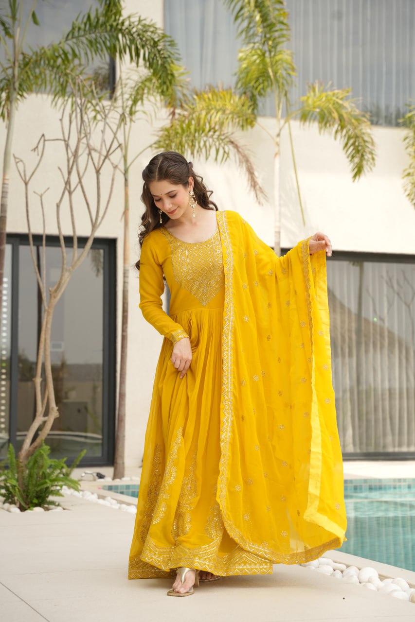 Awesome Sequins Work Georgette Party Wear Gown With Dupatta - Yellow
