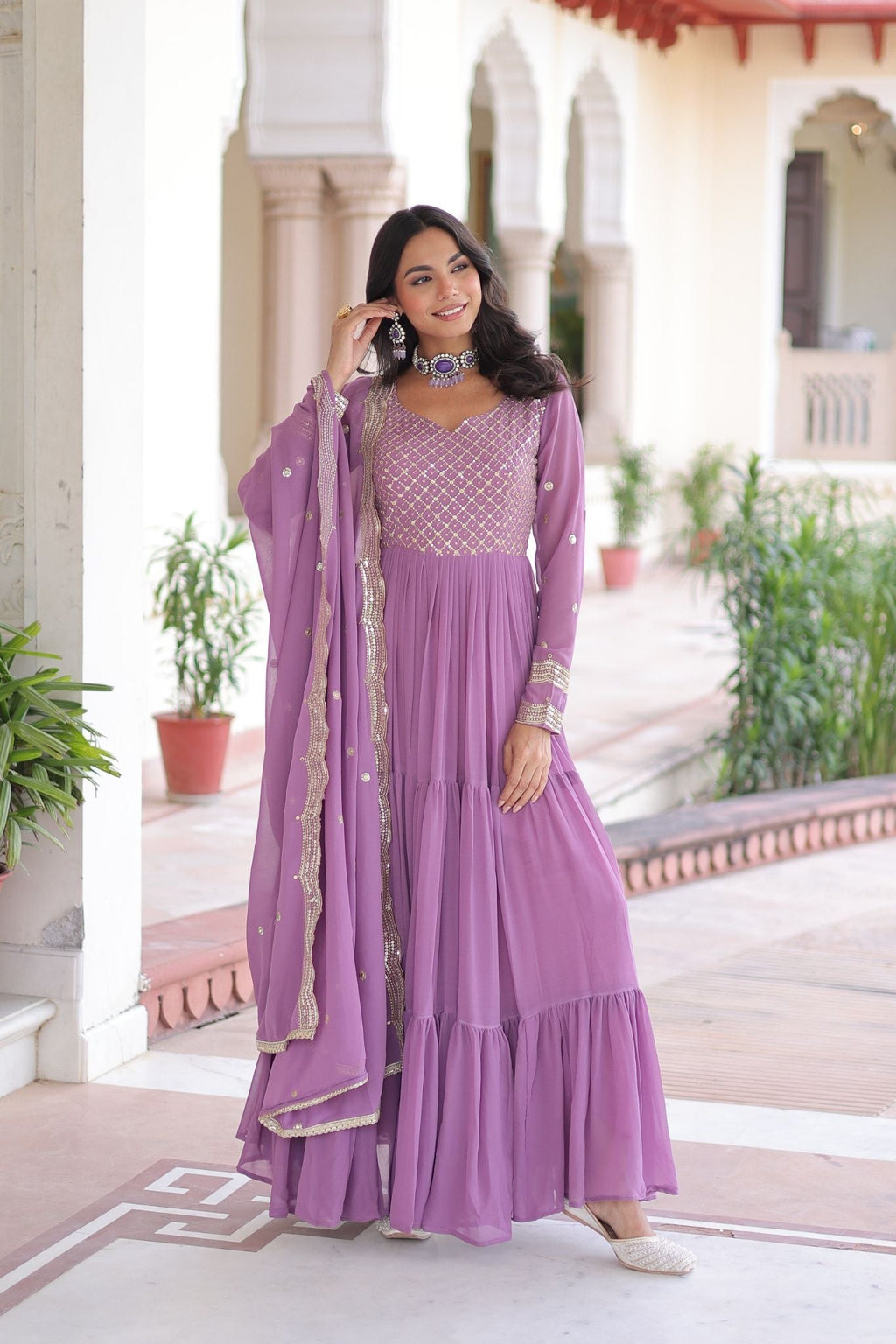 Designer Georgette Embroidered Gown Set With Sequins And Zari Work For Women