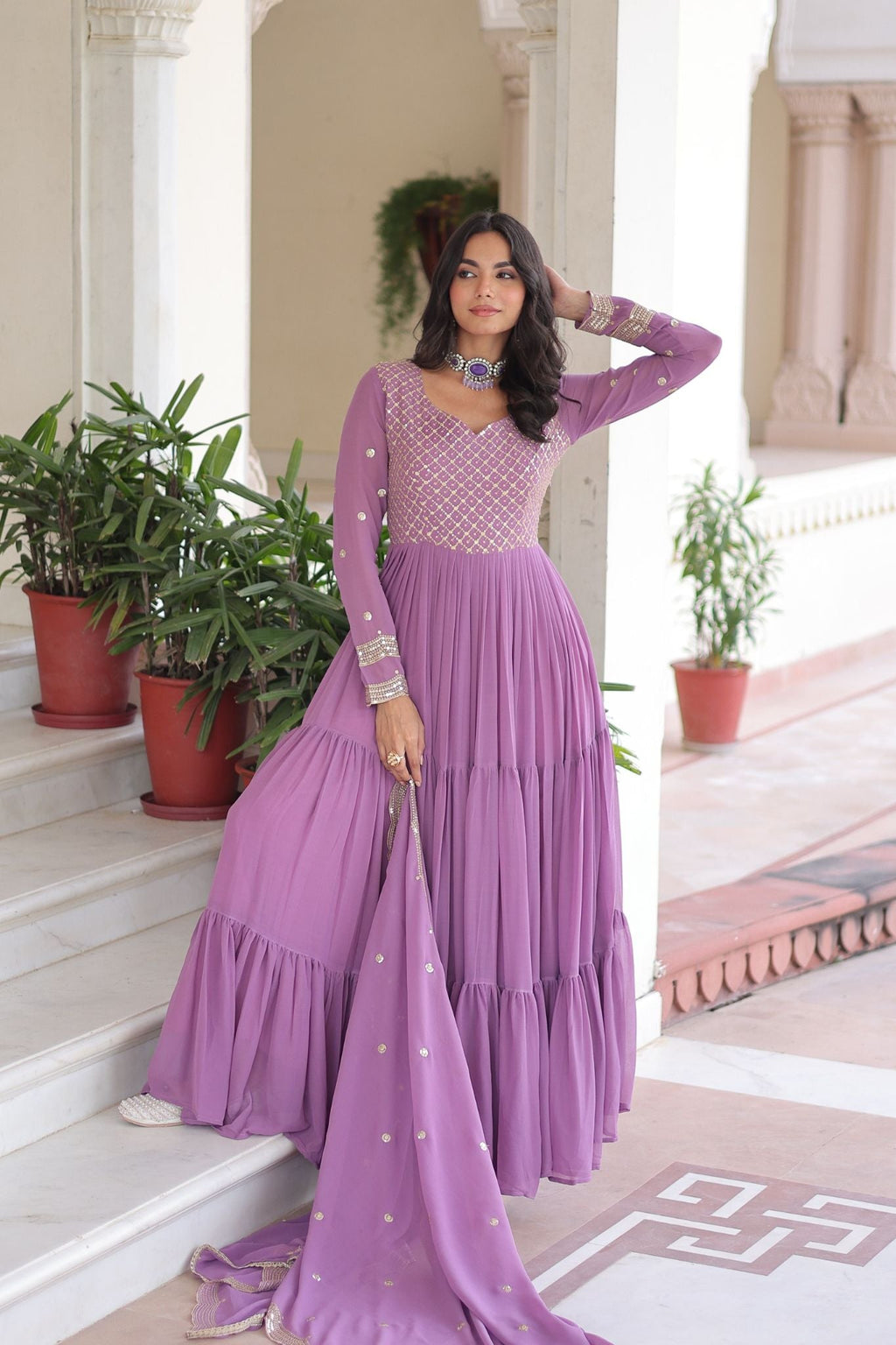 Designer Georgette Embroidered Gown Set With Sequins And Zari Work For Women