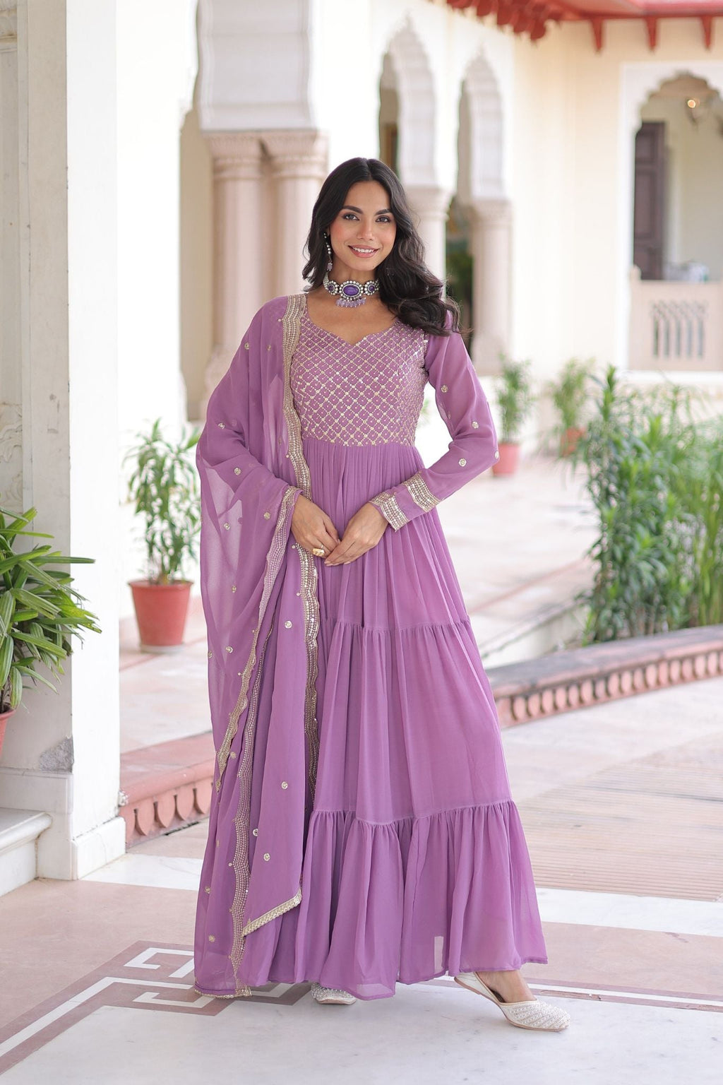Designer Georgette Embroidered Gown Set With Sequins And Zari Work For Women