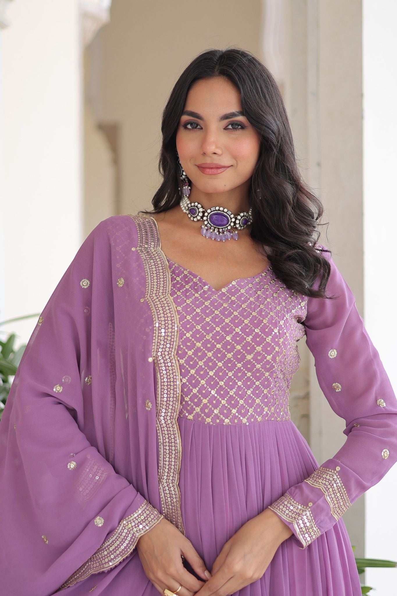 Designer Georgette Embroidered Gown Set With Sequins And Zari Work For Women