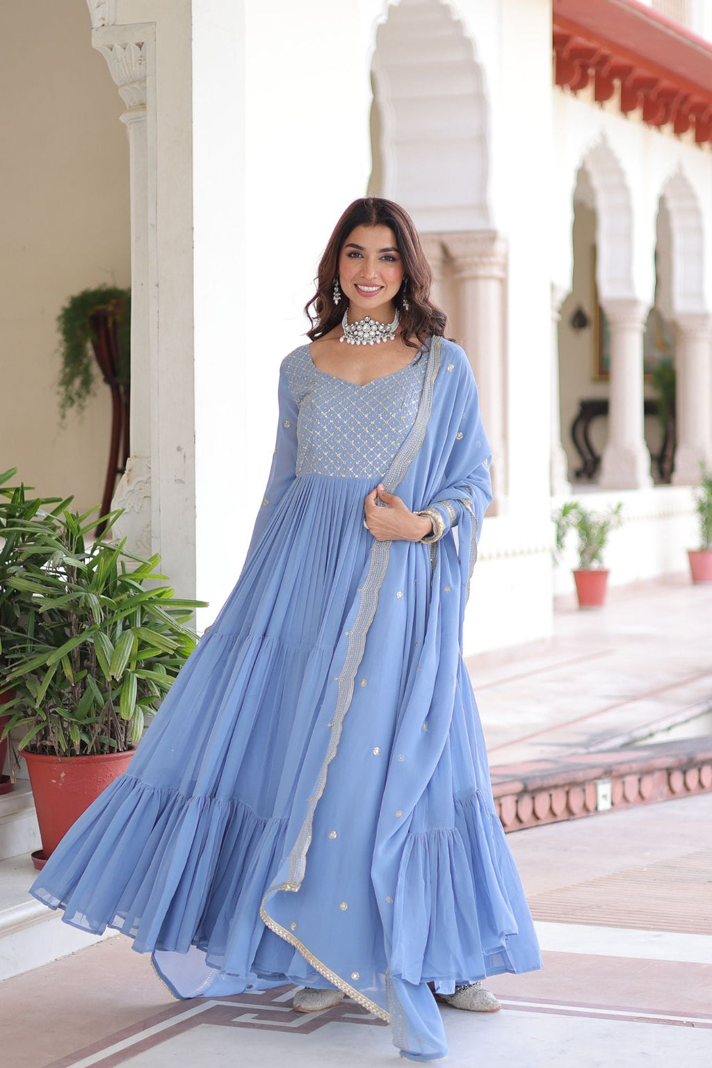 Designer Georgette Embroidered Gown Set With Sequins And Zari Work For Women