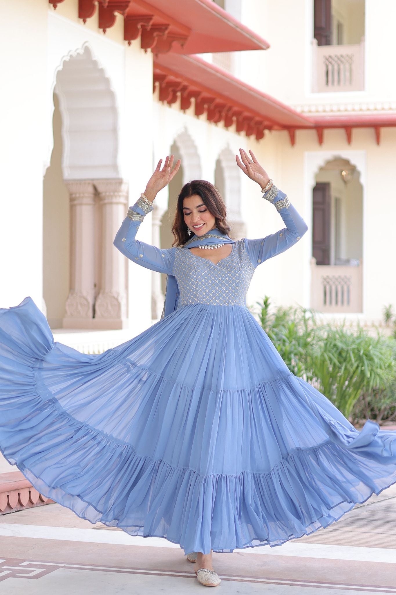 Designer Georgette Embroidered Gown Set With Sequins And Zari Work For Women