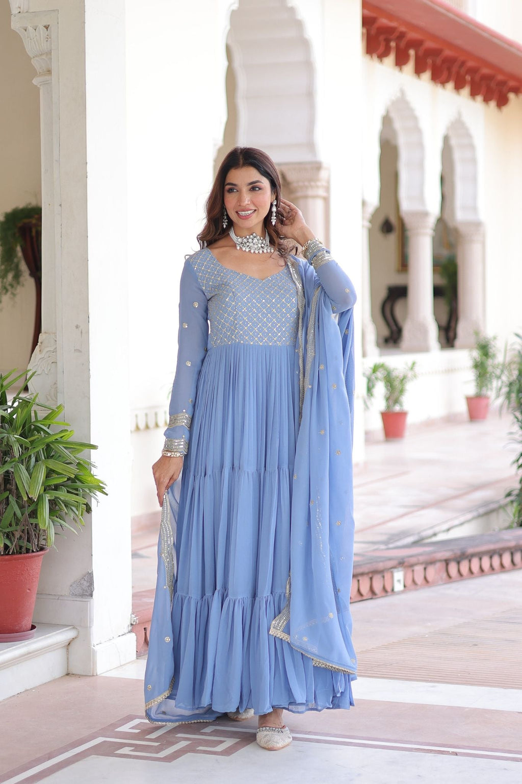 Designer Georgette Embroidered Gown Set With Sequins And Zari Work For Women