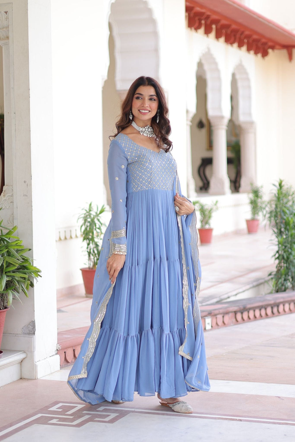 Designer Georgette Embroidered Gown Set With Sequins And Zari Work For Women
