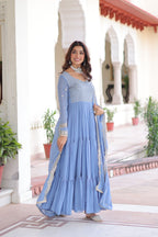 Designer Georgette Embroidered Gown Set With Sequins And Zari Work For Women