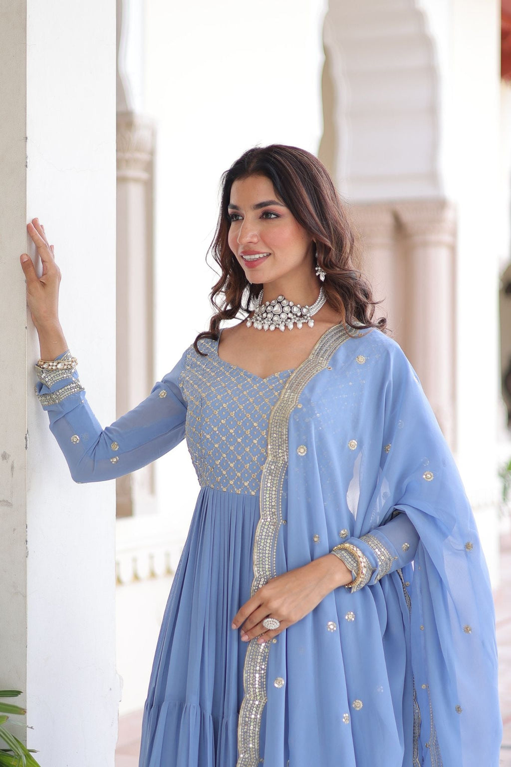 Designer Georgette Embroidered Gown Set With Sequins And Zari Work For Women