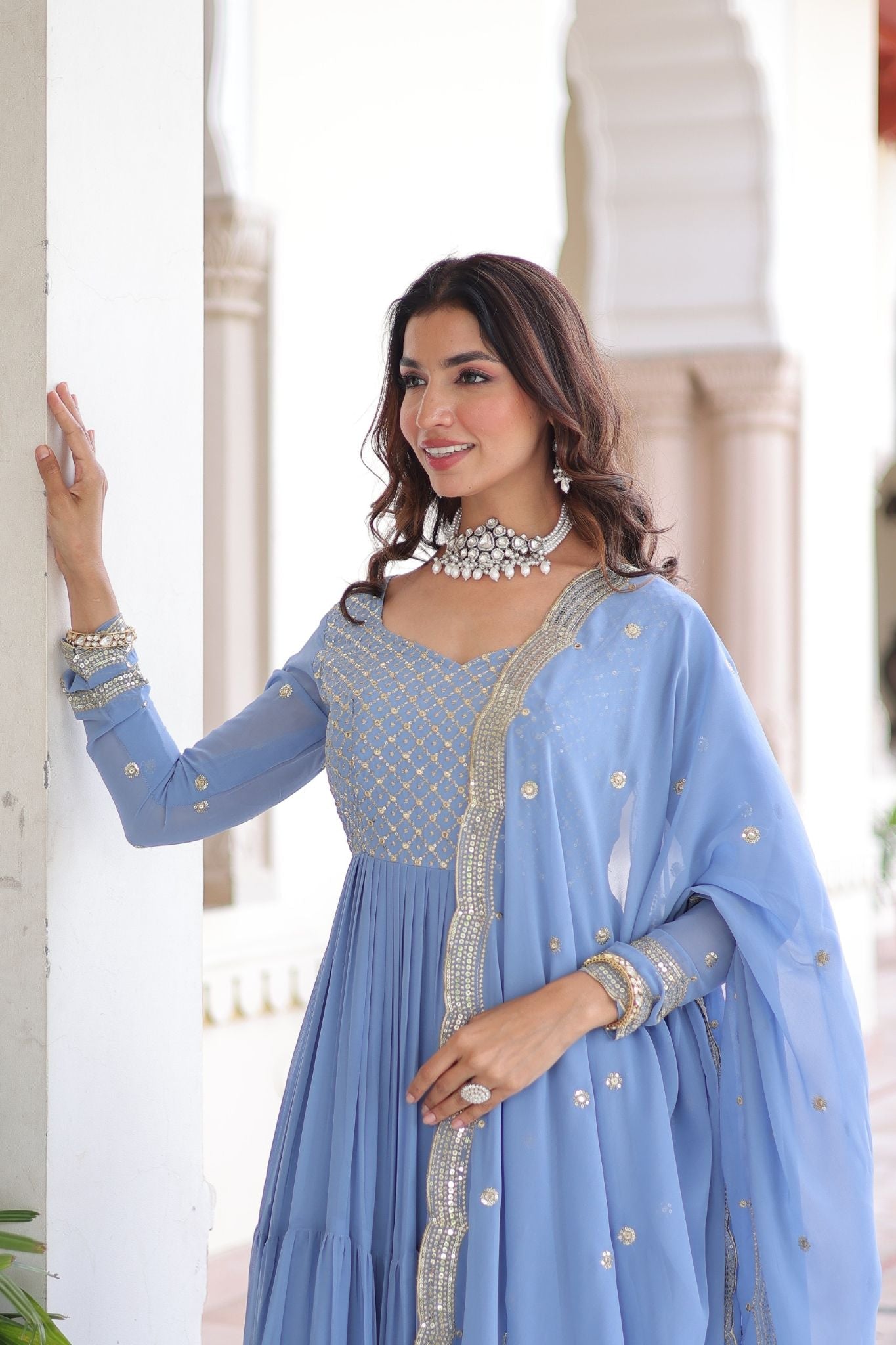 Designer Georgette Embroidered Gown Set With Sequins And Zari Work For Women
