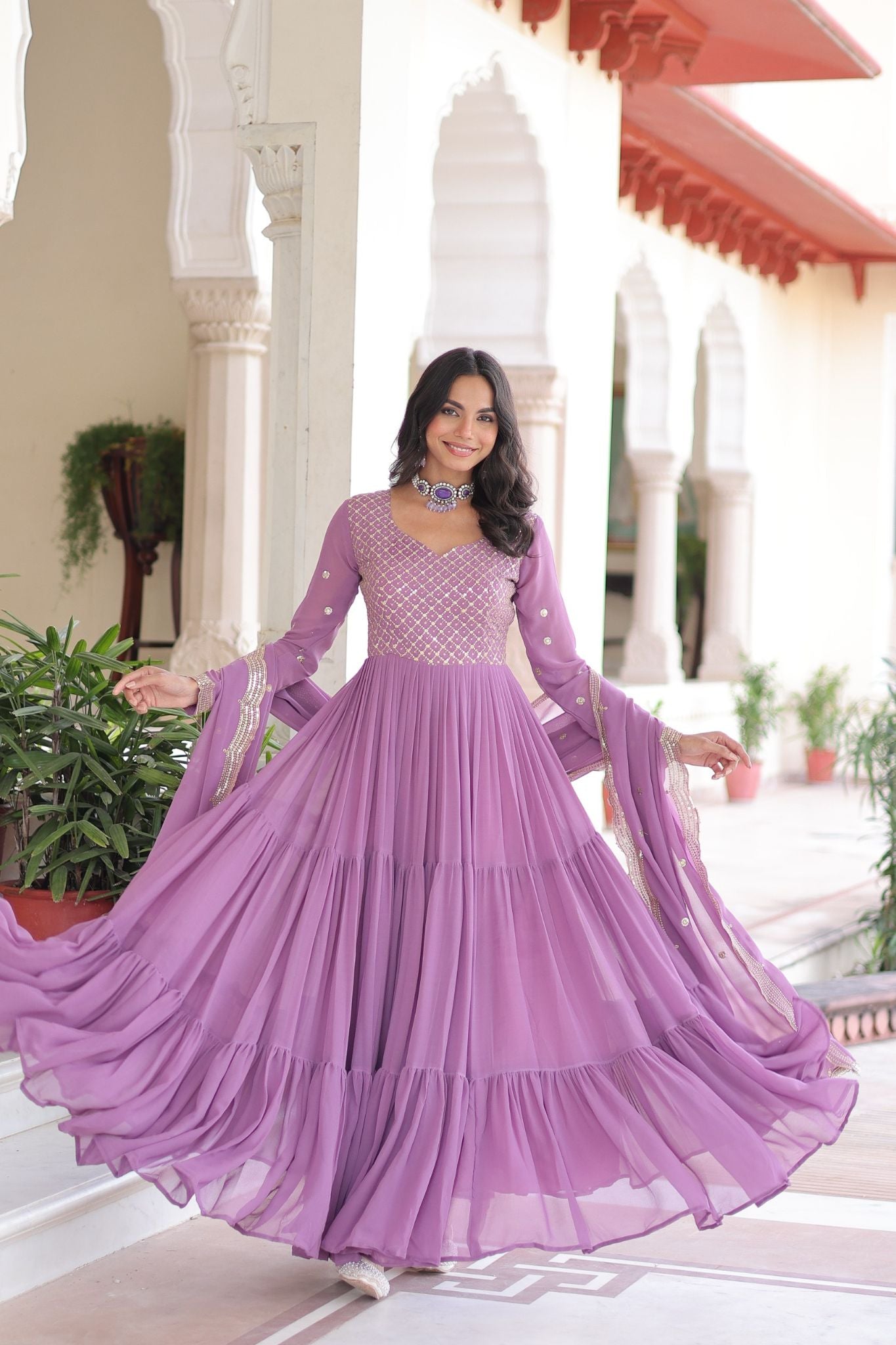 Designer Georgette Embroidered Gown Set With Sequins And Zari Work For Women