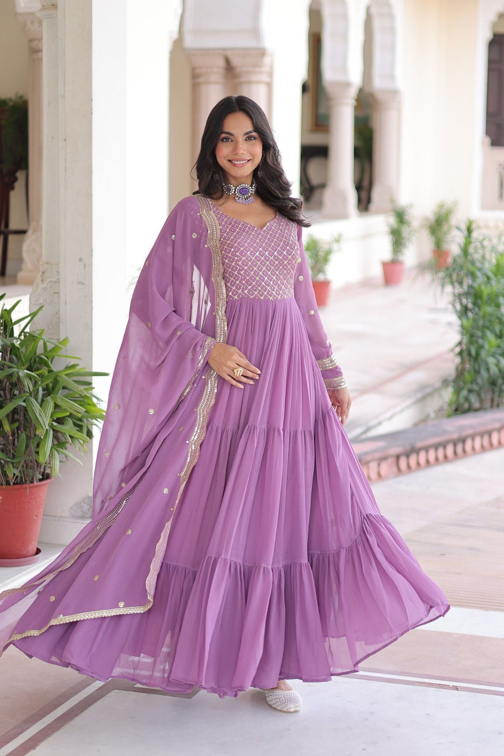 Designer Georgette Embroidered Gown Set With Sequins And Zari Work For Women