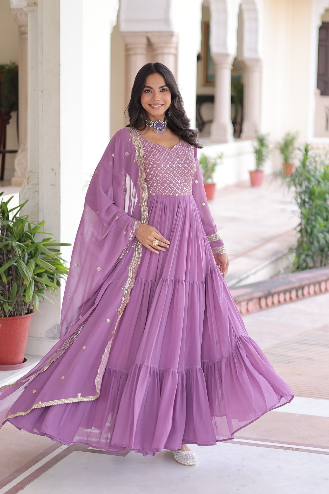 Designer Georgette Embroidered Gown Set With Sequins And Zari Work For Women