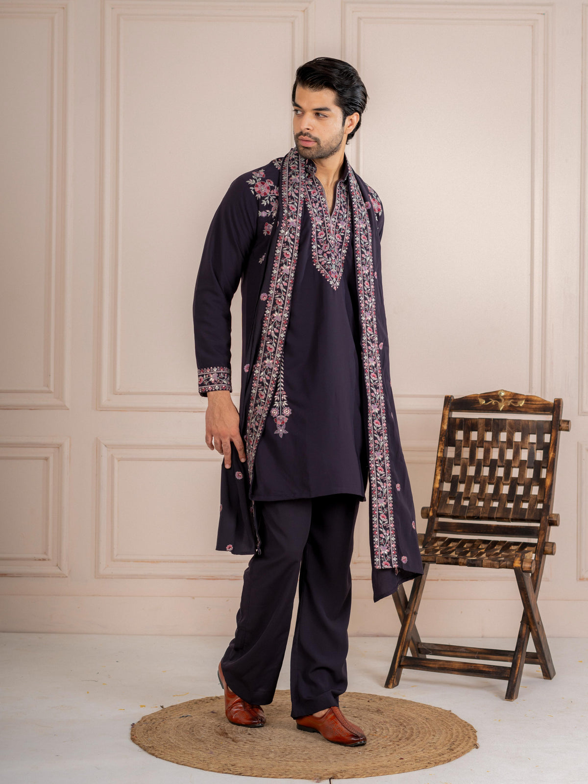 Shahi Black Japanese Lachka Festive Kurta Dupatta Pant Set

