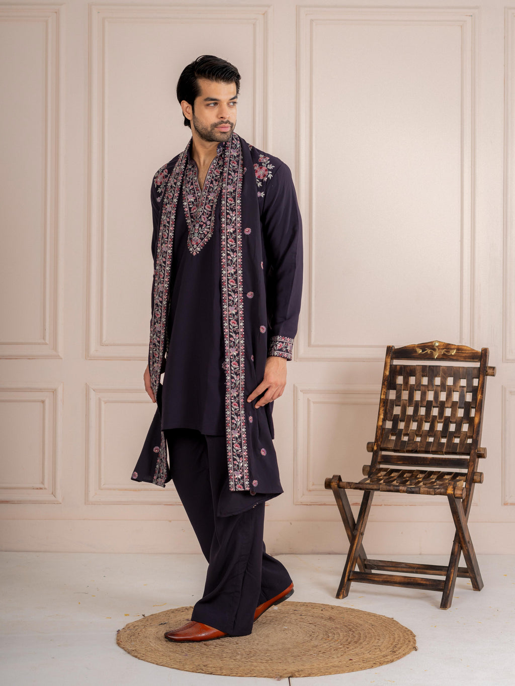Shahi Black Japanese Lachka Festive Kurta Dupatta Pant Set
