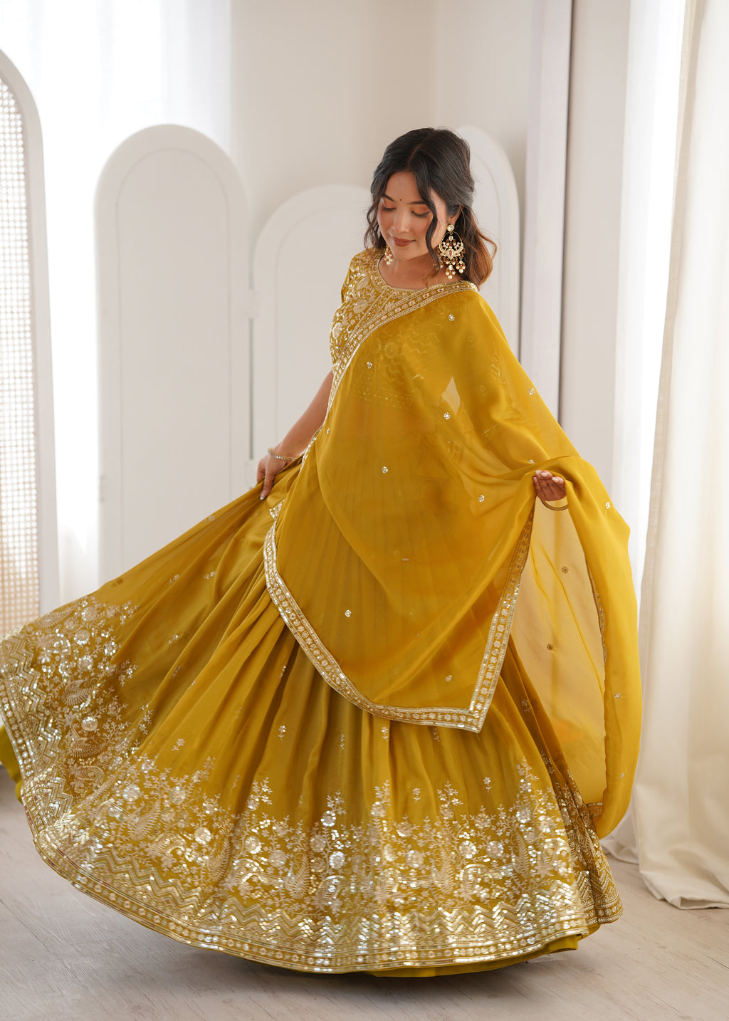 Ethnic Yellow Shimmer Silk Thread Sequence Work Lehenga Choli Set

