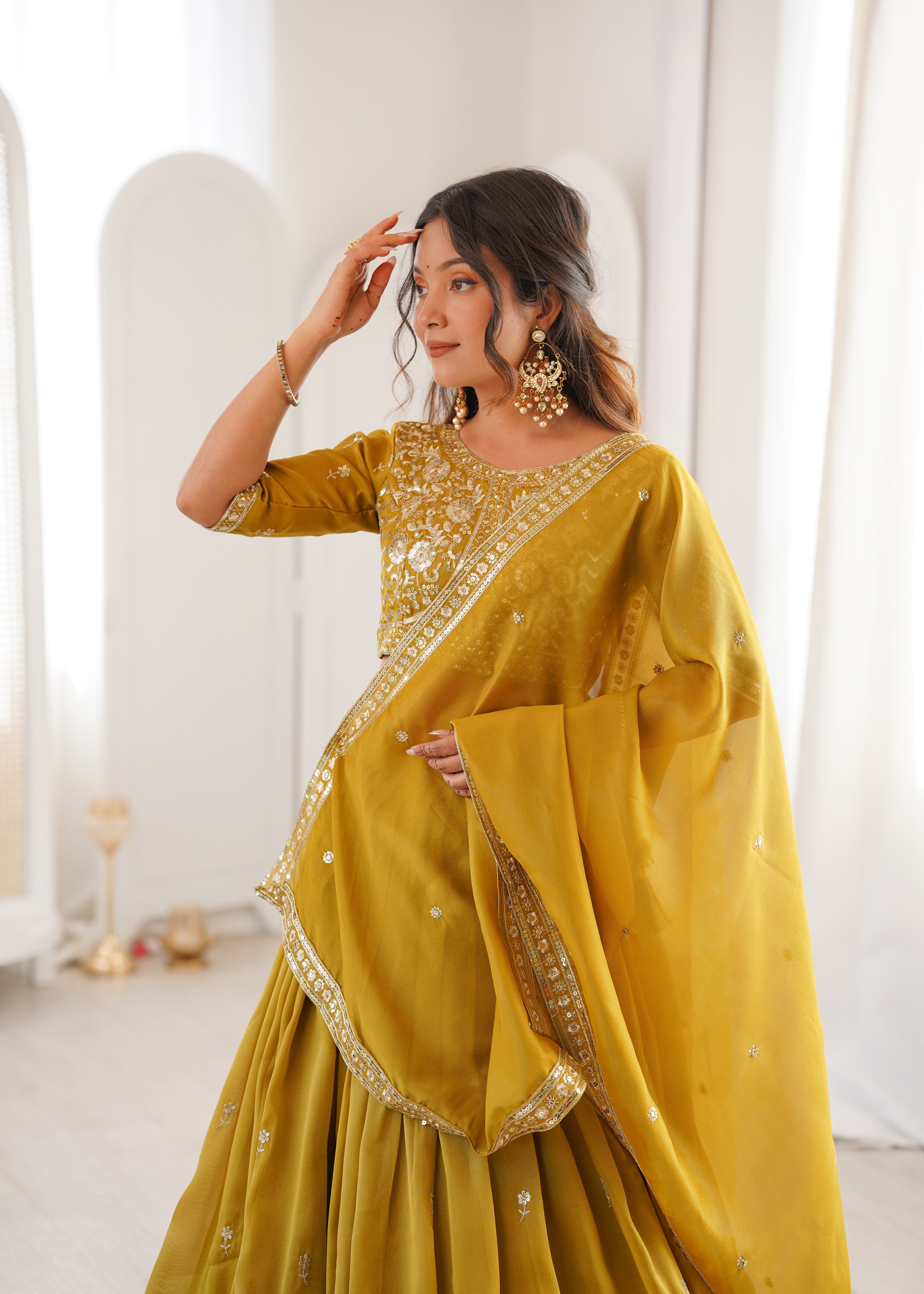 Ethnic Yellow Shimmer Silk Thread Sequence Work Lehenga Choli Set
