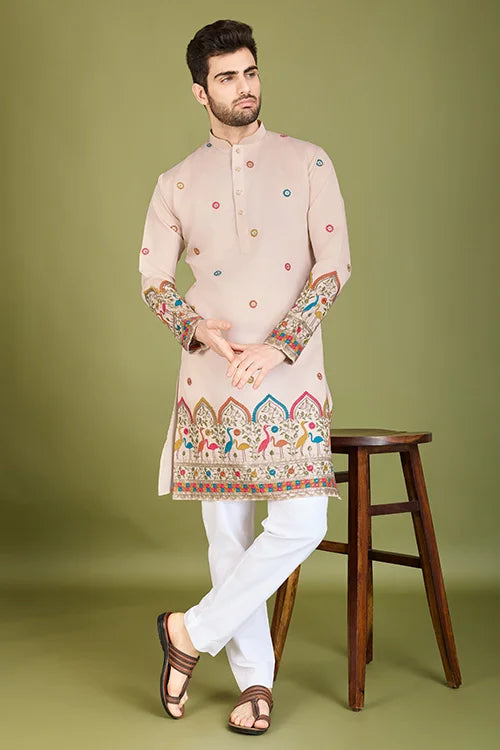 Designer Ivory Viscose Silk Men's Kurta Online