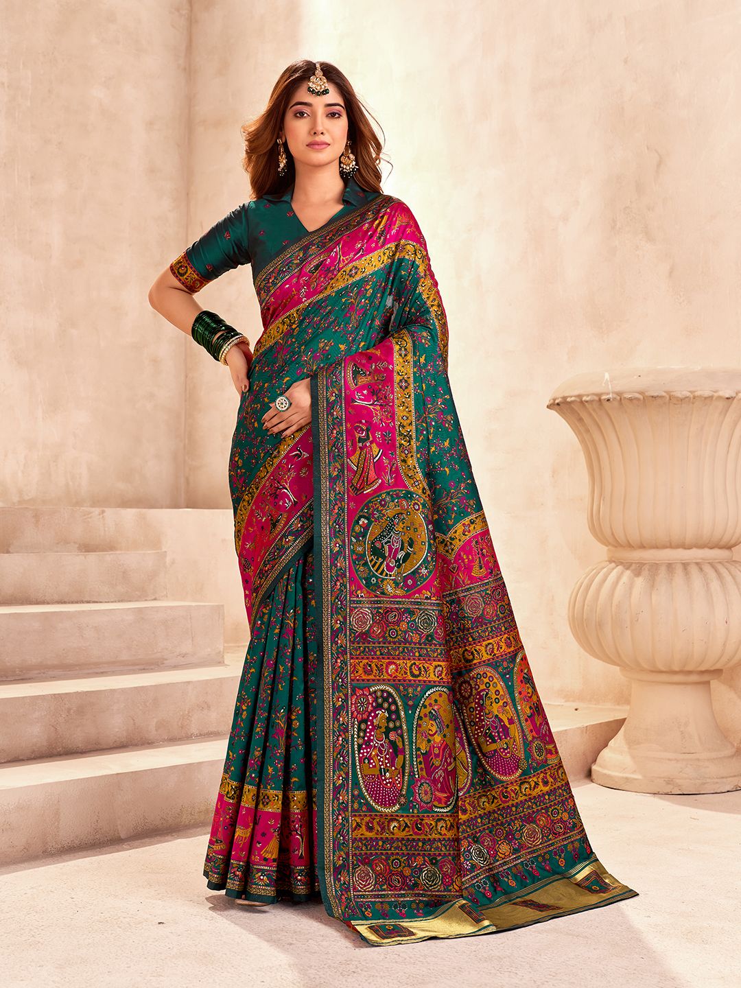 Lustrous Dark Green Nylon Dola Pashmina Saree With Devastating Blouse Piece