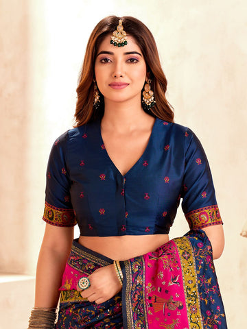 Radiant Navy Blue Nylon Dola Pashmina Saree With Luminous Blouse Piece