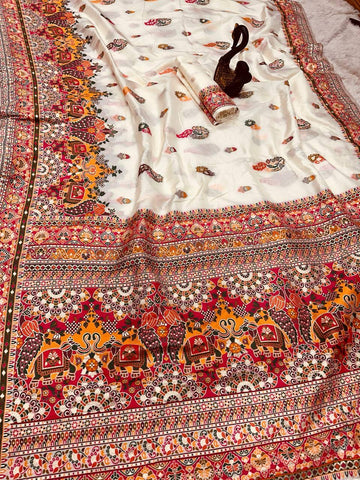 Glamorous Beige Pashmina Saree With Pulsating Blouse Piece