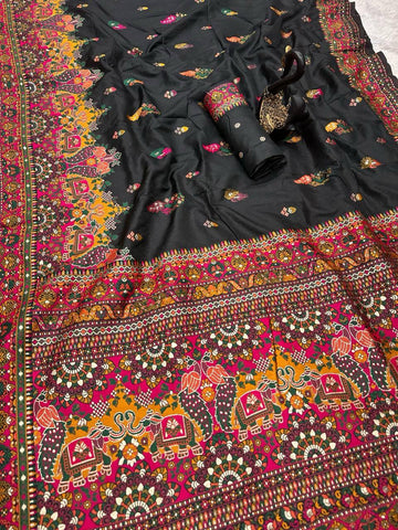 Adorning Black Pashmina Saree With Brood Blouse Piece