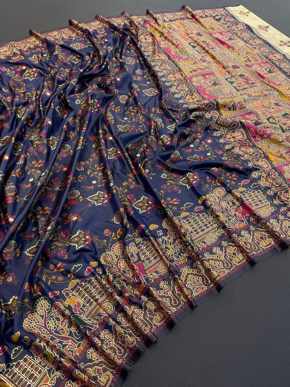 Proficient Navy Blue Pashmina Saree With Stunner Blouse Piece