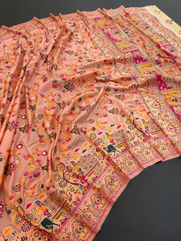Mellifluous Peach Pashmina Saree With Improbable Blouse Piece