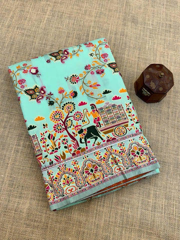 Comely Sky Pashmina Saree With Blooming Blouse Piece