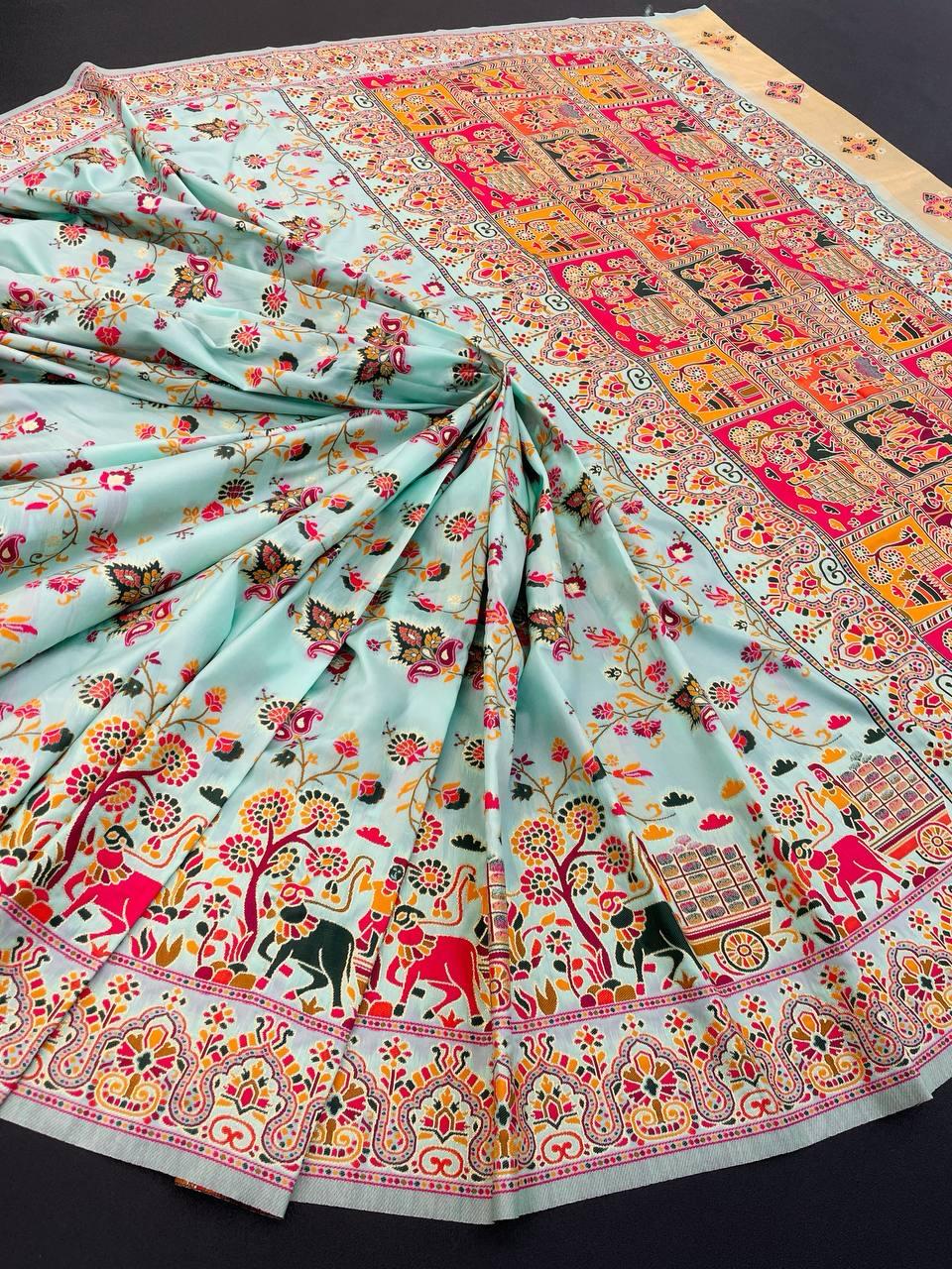 Comely Sky Pashmina Saree With Blooming Blouse Piece