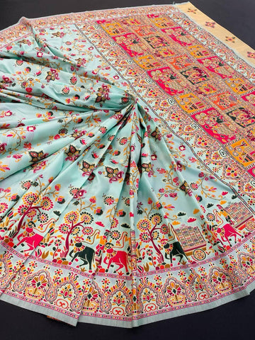 Comely Sky Pashmina Saree With Blooming Blouse Piece