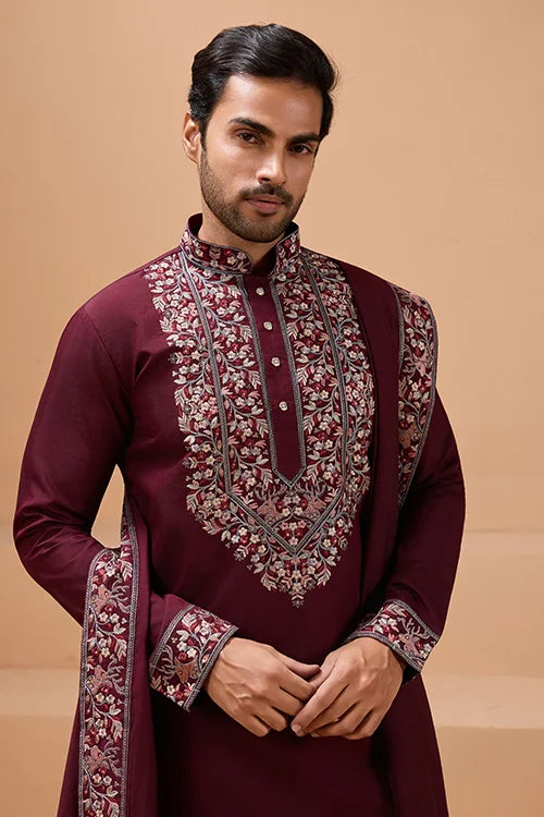 Latest Signature Maroon Kurta and Dupatta for Mens Wear