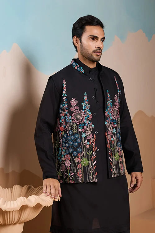 Magic Black Wedding Look Koti Kurta Set for Mens Wear
