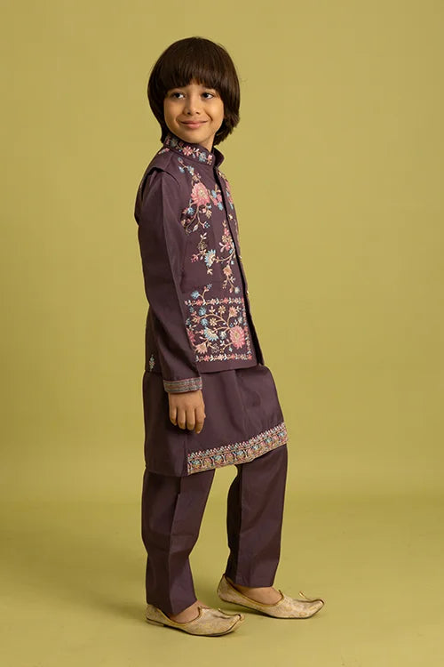 Premium Purple Kids Koti Kurta Pajama Set for Wedding Style