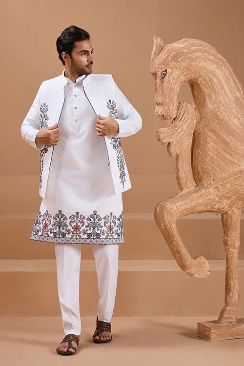 Wedding Special White Color Koti Kurta Set for Mens Wear