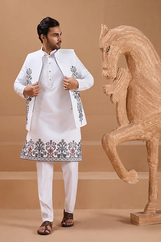Wedding Special White Color Koti Kurta Set for Mens Wear