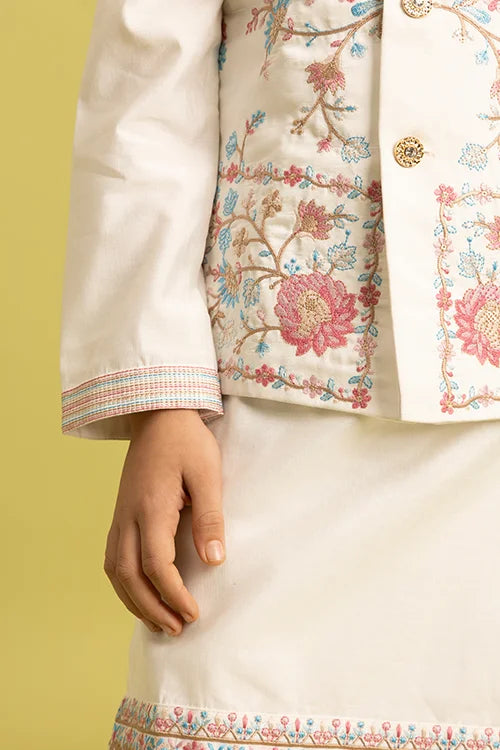 Traditional Wear White Koti Kurta Pajama for Boys Wear