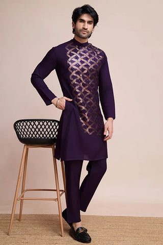 Traditional Purple Silk Kurta with Thread Work