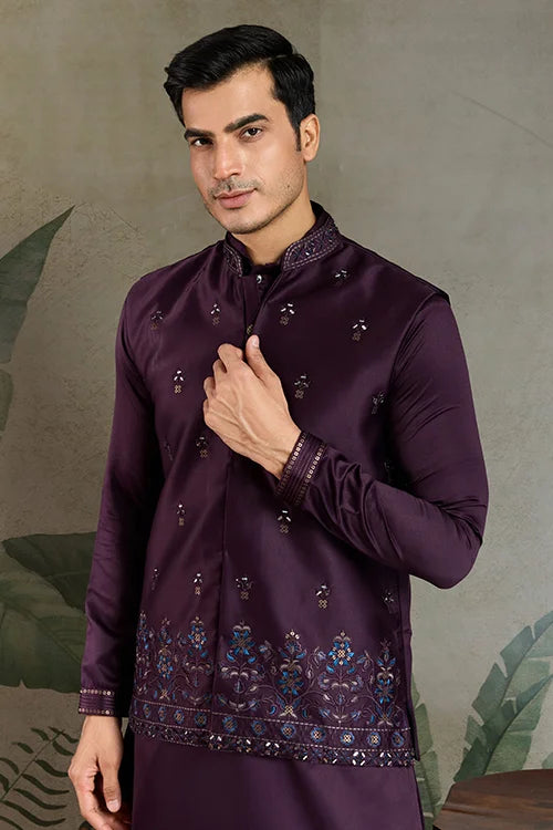 Wedding Special Purple Kurta Koti Set for Men