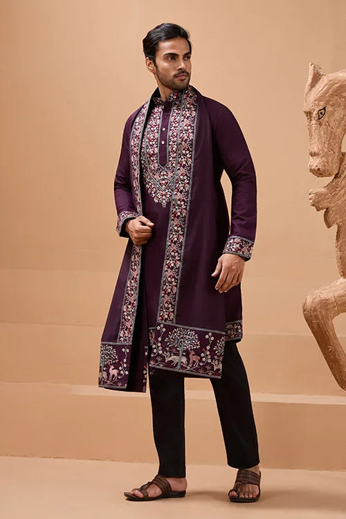 Ethnic Look Purple Kurta with Dupatta Mens Wear Special