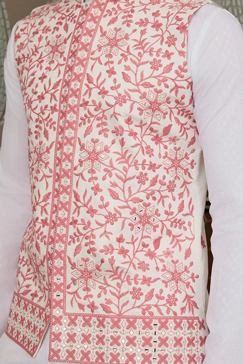 Wedding Pink Koti with White Kurta Pajama Set