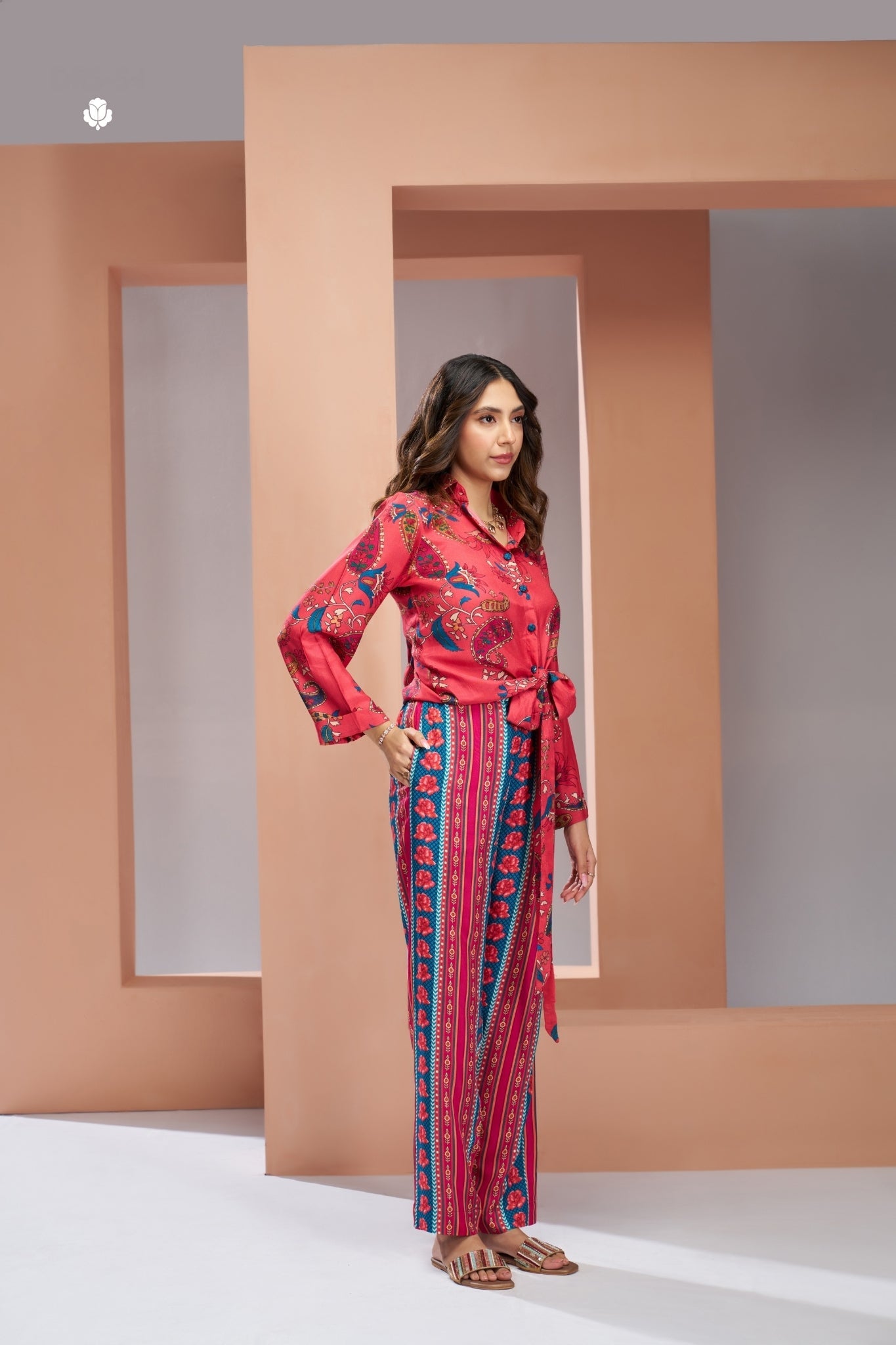 Pure Muslin Silk Coral Pink Co-Ord Set For Women