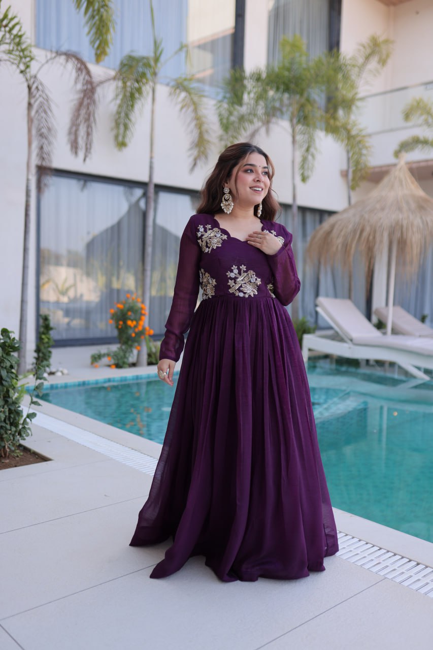 Stylish Silver Crunchy Fabric Beads Work Party Wear Gown Set
