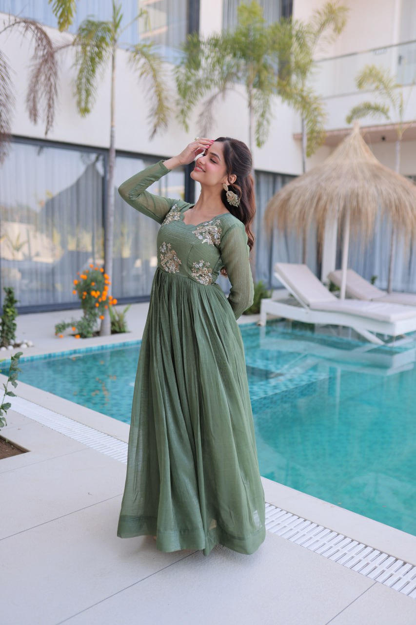 Stylish Silver Crunchy Fabric Beads Work Party Wear Gown Set

