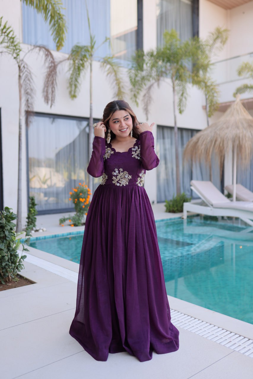 Stylish Silver Crunchy Fabric Beads Work Party Wear Gown Set
