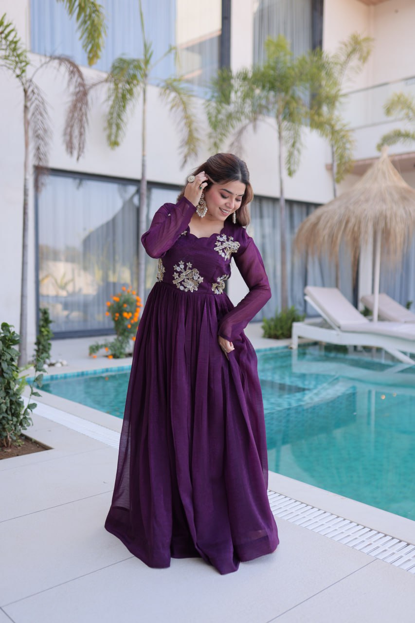 Stylish Silver Crunchy Fabric Beads Work Party Wear Gown Set
